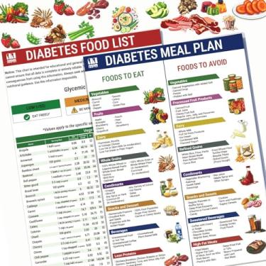 Imagem de 2 unidades de lista de alimentos para diabetes, planejador de refeições laminado para diabéticos com tamanho de porção, calorias, alimentos a evitar, índice glicêmico (GI), tabela de vitaminas com