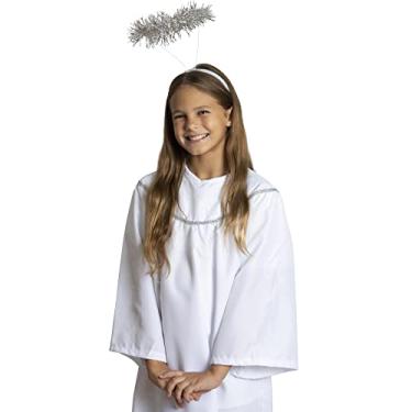 Imagem de Skeleteen Fantasia de anjo com auréola – vestido angelical branco longo com faixa de cabeça de halo celestial prata para fantasias infantis – tamanho infantil (pequeno)