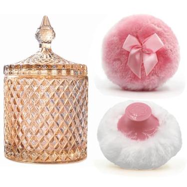 Imagem de Recipiente de pó de vidro luxuoso de 10 cm com 2 puffs de pelúcia|Organizador recarregável não selado para pó corporal e maquiagem|Aplicador de pó com armazenamento de pó solto (cilindro pontiagudo