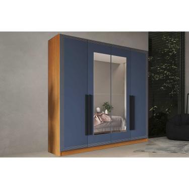 Imagem de Guarda Roupa Casal 4 Portas (2 c/ Espelho) e 4 Gavetas Valência Freijo/Azul - Politorno