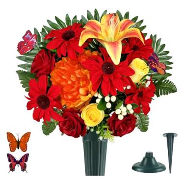 Imagem de HENOMO Flores de cemitério feitas à mão com vaso de sepultura para decoração de lápide - flor de funeral/memorial, flores ao lado do túmulo de rosa artificial, girassol e lírio, cor sem sangramento
