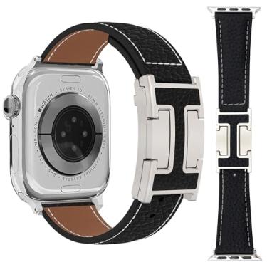 Imagem de Nixiamy Pulseiras de couro lichia compatíveis com Apple Watch Ultra/SE/Ultra 2/séries 10/9/8/7/6/5/4/3/2/1 de 49 mm, 46 mm, 45 mm, 44 mm, 42 mm, 41 mm, 38 mm, 49 mm, 46 mm, 46 mm, 46 mm, 45 mm, 45 mm