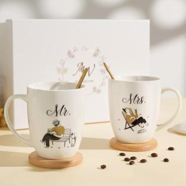 Imagem de AW BRIDAL Conjunto de 2 canecas de café Sr. e Sra. 473 ml, presente de chá de panela de despedida de solteira para noiva, noivado de cerâmica, recém-casado, aniversário, lua de mel, presentes de