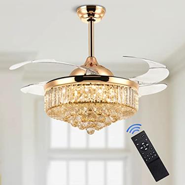 Imagem de MOOONICHE Ventilador de teto retrátil de cristal de 106 cm com luz e controle remoto, lustre invisível, ventilador dourado para quarto, sala de estar