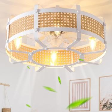 Imagem de Ventiladores de teto com gaiola de 50 cm com luzes, ventilador de teto boho com montagem embutida de luz, vime fechado com controle remoto de 6 velocidades para quarto, sala de jantar, sala de estar