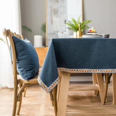 Imagem de KAIJIE Toalha de mesa quadrada lavável com estampa jacquard imitando algodão e linho, para jantar, ao ar livre, casamentos e restaurantes, decoração de dia dos namorados, Páscoa, 100 x 160 cm, azul