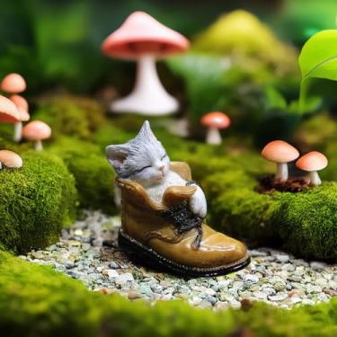 Imagem de XRI XURUOYI Adorable Miniature Sleeping Kitten in Boot: Detailed Resin Grey & White Cat Figurine for Dollhouse, Fairy Garden, Terrarium, Collector Gift