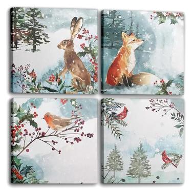 Imagem de JWVK Ty-You-051 Impressões de fazenda vintage Natal raposa coelho pássaro emoldurado decoração de parede decoração de tela para quarto conjunto de 4, placas de Natal, 12x12