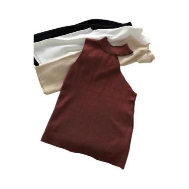 Imagem de Suéter Feminino de Malha com Ombro de Fora - Sem Mangas, Gola Alta, Pr