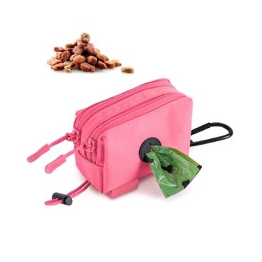 Imagem de Suporte de saco de cocô de cachorro para coleiras, dispensador de saco de lixo rosa para cães e suporte de petisco, com gancho de mosquetão e clipe de saco de cocô, tecido impermeável resistente ao