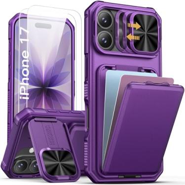 Imagem de SSLOTSCASE Capa para iPhone 17 com 2 protetores de tela, porta-cartões e capa de lente deslizante, suporte para câmera, suporte e carteira oculta, capa de proteção resistente à prova de poeira para