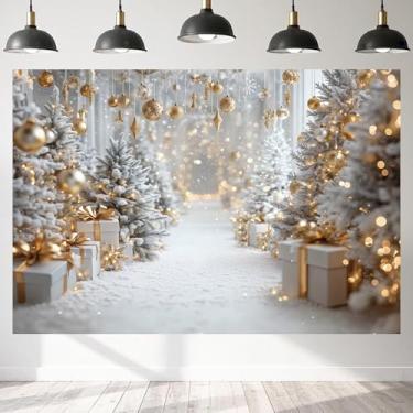 Imagem de Pano de fundo de Natal de inverno de 2,1 x 1,5 m para fotografia, cenário de neve, Natal, bolas douradas, caixa de presente, cenário de fotos de Natal, imagens de família para crianças, fundo de
