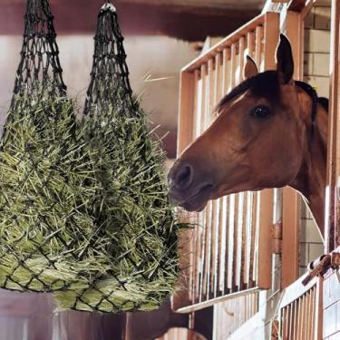 Imagem de PHWRECZ Rede de feno para alimentador de feno para cavalos com orifício de 5 cm x 5 cm para cavalos, cabras, vacas, burros, feita de corda de nylon, redes de feno de alimentação lenta para cavalos (2