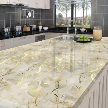 Imagem de HOMETITUTE Papel de parede de mármore cinza brilhante descasque e cole 39.9 cm x 100.1 cm papel de contato removível com veia dourada decorativa envoltório de vinil para armário de parede, bancada