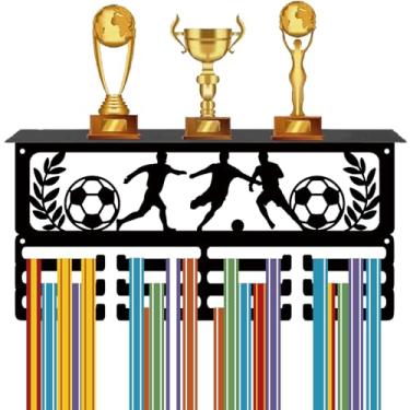 Imagem de CREATCABIN Suporte de medalha de futebol para exibição de troféus, prateleira de prêmios de metal de futebol com 12 ganchos, organizador de prateleiras, decoração de parede para troféus, suporte de