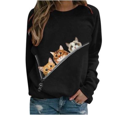 Imagem de Camiseta feminina casual de manga comprida com estampa de gato com gol