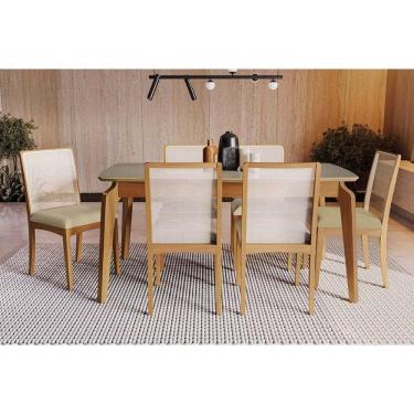 Imagem de Conjunto Sala de Jantar Petra Premium Madeira Maciça c/ Tampo Madeirado c/ Vidro 170x90cm e 6 Cadeiras Lara Carvalho/Freijo Bronze - Boucle Bege-Kappe