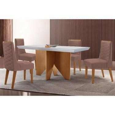 Imagem de Conjunto Sala de Jantar Nevada c/ Tampo Madeirado c/ Vidro Canto Curvo 120x80cm e 4 Cadeiras Dafne Madeira Maciça Naturale/Off White - Capuccino/Coran