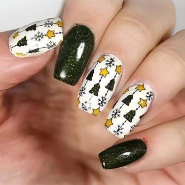 Imagem de RIICFDD Unhas postiças quadradas de comprimento médio para Natal, flocos de neve, cola para árvore de Natal, cobertura completa, unhas de acrílico com glitter verde para mulheres, 24 peças