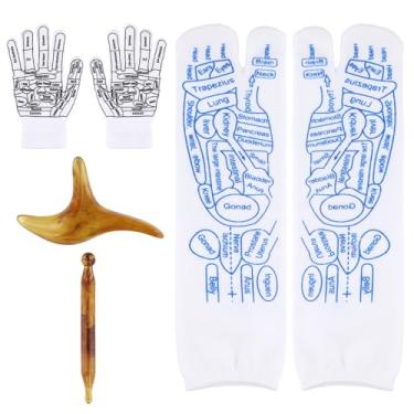 Imagem de Conjunto de meias e luvas de ponto de pressão, meias de reflexologia, meias de massagem e luvas com ferramenta de massagem, tabelas de pressão dos dedos, meias para mãos desconfortáveis (femininas)