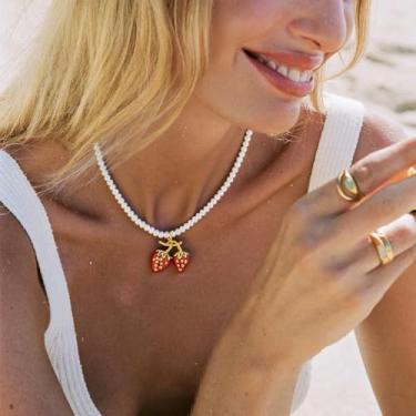 Imagem de Gargantilha de pérolas simples para mulheres, coração vermelho, pingentes de morango, joia de fantasia de pérola