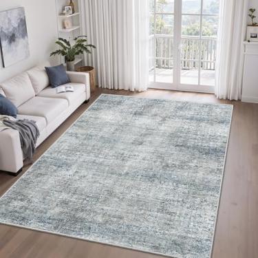 Imagem de Tapetes de área para sala de estar, tapete abstrato neutro lavável 7,5 x 12,7 cm para quarto, grande, macio, piso interno, tapete baixo para casa, escritório, berçário, azul, cinza