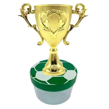 Imagem de Kit Lembrancinha Tema Futebol: Caixinha Acrílica Redonda + Mini Troféu Dourado Decoração Mimos Festa Campeão (10 Taça 10 Caixa Tampa Verde Gravura Bola)