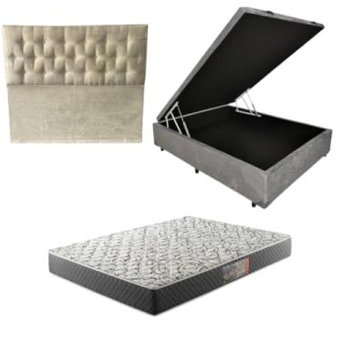 Imagem de Cama Box Baú Blindada com Colchão de Espuma D33 20cm + Cabeceira Botonê (SUEDE CINZA, Casal)