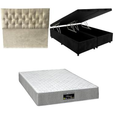 Imagem de Cama Box Baú Bipartida Blindada com Colchão RivIera Molas Ensacadas 25cm + Cabeceira Botonê (SUEDE PRETO, Queen)