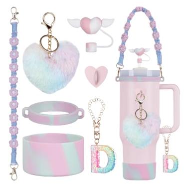 Imagem de Rabrgab Conjunto de 7 peças de acessórios para copo Stanley com alça, decoração de copo feminino para meninas para 1,134 g, 850 g, 590 g, incluindo topo de palha de coração, pingentes de coração, bota