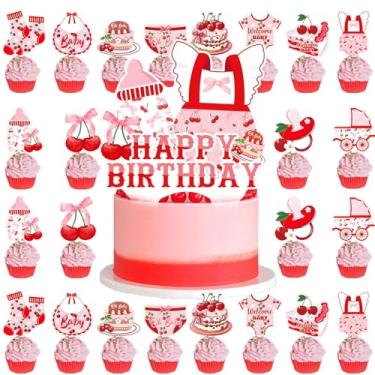 Imagem de She's the Cherry On Top Toppers de cupcake, enfeite de bolo de cereja decorações de festa de feliz aniversário laço vermelho topos de cupcake decoração de aniversário tema fruta cereja coquete bebê