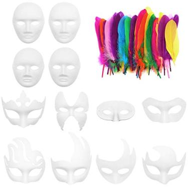 Imagem de 12 máscaras de festa DIY com 50 penas falsas, máscaras de pintura em branco para fantasia e cosplay, multicoloridas, tamanho único