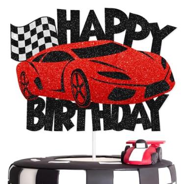 Imagem de Topo de bolo de carro de corrida preto vermelho feliz aniversário, bandeira quadriculada de carro de corrida tema de pista para meninos e homens decorações de festa de aniversário suprimentos
