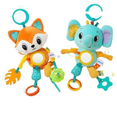 Imagem de Pelúcia Educativa Musical para Bebês – Raposa e Elefante com Mordedores, Espelho, Texturas e Clipes de Fixação | Brinquedo Sensorial para Carrinho, Berço e Passeio