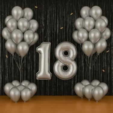 Imagem de Kit Festa Completo Metalizado | Balões Números 40cm + Cortina 2m | Decoração Profissional Econômica(PRETO/PRATA)