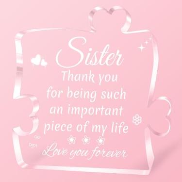 Imagem de Presentes de aniversário para irmãs, irmãs de irmãs irmão, quebra-cabeça decorativo de bloco de acrílico gravado para mesa, 9,9 x 9,9 cm, presente de casamento de Ação de Graças para irmãs, ideias de
