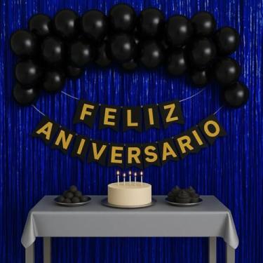 Imagem de Kit Feliz Aniversário Completo - Decoração com Balão Metalizado Número, Faixa, Cortina de Balões e Fita 5m para Festa de Aniversário Infantil e Adulto(Azul Escuro)