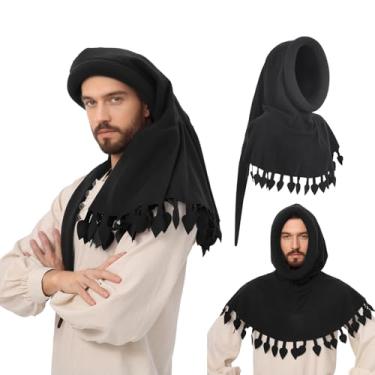 Imagem de UJUROU Chapéu masculino Chaperon boné medieval com aba enrolada Liripipe Renaissance FaireFestival LARP acessórios (preto)