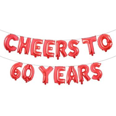Imagem de Cheers to 60 Years Banner Foil 60º aniversário balão decorações de festa para ele/ela 60 anos decorações de aniversário suprimentos de festa de casamento para homens/mulheres (CHEERS TO 60 YEARS Red)