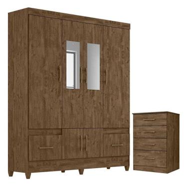 Imagem de Guarda Roupa Casal Ms912 Com Espelho E Cômoda Ms913 Castanho Wood - Moval