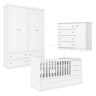 Imagem de Quarto Infantil 4 Portas Americano Com Berço Multifuncional Cleo Branco Fosco - Henn