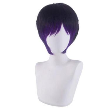 Imagem de Peruca Cosplay curta genérica preta e roxa de 30 cm para todas as idad