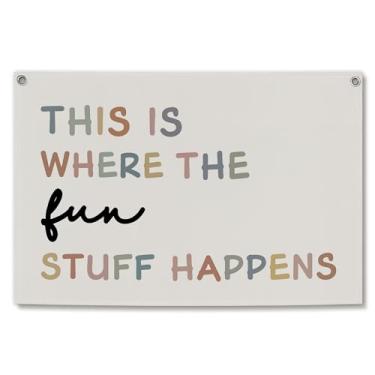 Imagem de TWRVI This Is Where The Fun Stuff Happens Faixa de lona para sala de jogos, decoração de parede de sala de jogos para crianças, quarto de berçário, quarto, sala de jogos, bandeira de pendurar na
