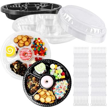 Imagem de Pacote com 20 bandejas de plástico para aperitivos com tampa, travessas de servir descartáveis com 100 garfos, 6 bandejas de plástico redondas divididas para lanche de frutas e vegetais, bandejas de