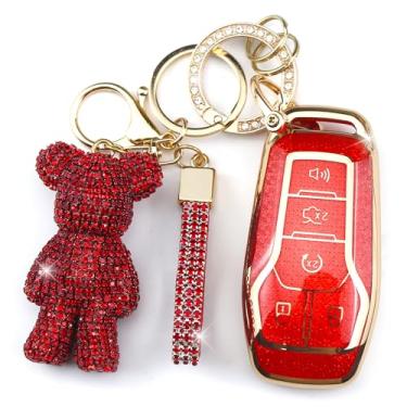 Imagem de Rayslesan Linda capa de chaveiro com pingente de urso de strass, capa inteligente de TPU para mulheres, compatível com Ford Fusion (Mondeo) Mustang F150 Edge Explorer, Lincoln MKZ MKC MKX (5 botões