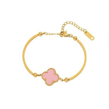 Imagem de Pulseira feminina de trevo de quatro folhas, banhada a ouro 18 quilates, pulseira delicada de aço inoxidável com detalhes rosa, joia moderna, presente de aniversário para ela