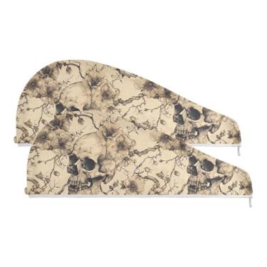 Imagem de SEHANY Toalha de cabelo de microfibra rosa e caveira para mulheres, 2 peças, turbantes de cabelo de secagem rápida com botão, touca de cabelo seco absorvente toalha de secagem de cabelo para cabelos