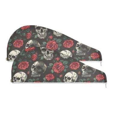 Imagem de SEHANY Toalha de cabelo de microfibra rosa e caveira para mulheres, 2 peças, turbantes de cabelo de secagem rápida com botão, touca de cabelo seco absorvente toalha de secagem de cabelo para cabelos