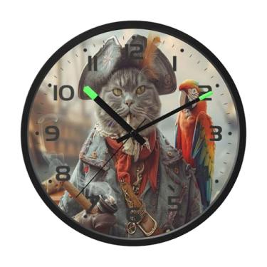 Imagem de SEHANY Relógio de parede engraçado de gato pirata, silencioso, sem tique-taque, operado por bateria, controle de som, luz noturna, relógios de parede para sala de estar, cozinha, quarto, escritório