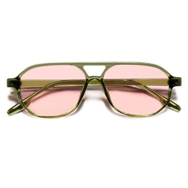 Imagem de VANLINKER Óculos de sol aviador retrô anos 70 para mulheres e homens, clássico, quadrado, vintage, moderno, hexagonal, 2025 UV400 VL9870, Armação verde claro C4/Lente rosa claro, middle